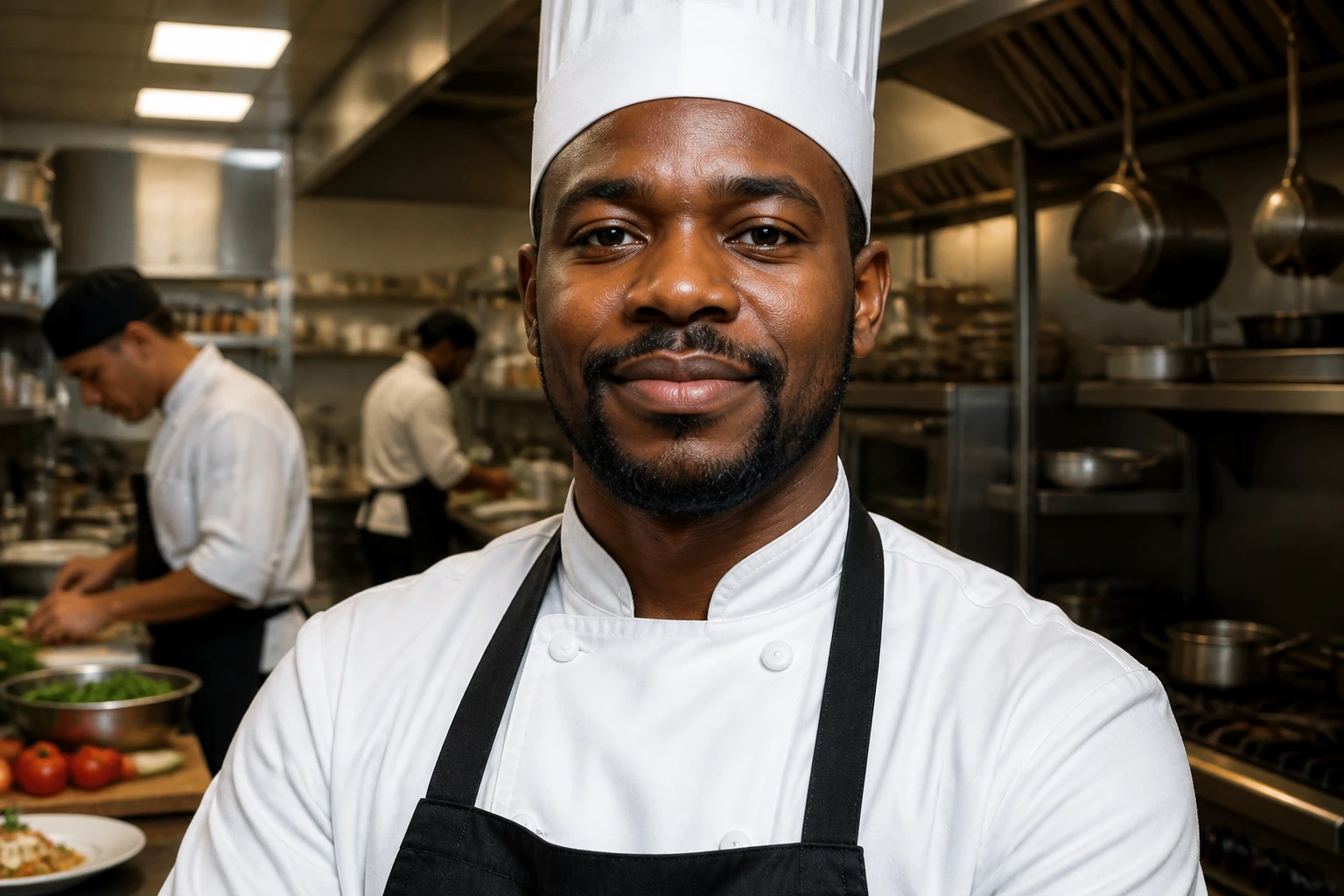 Close-up of a chef in a kitchen with a balanced expression