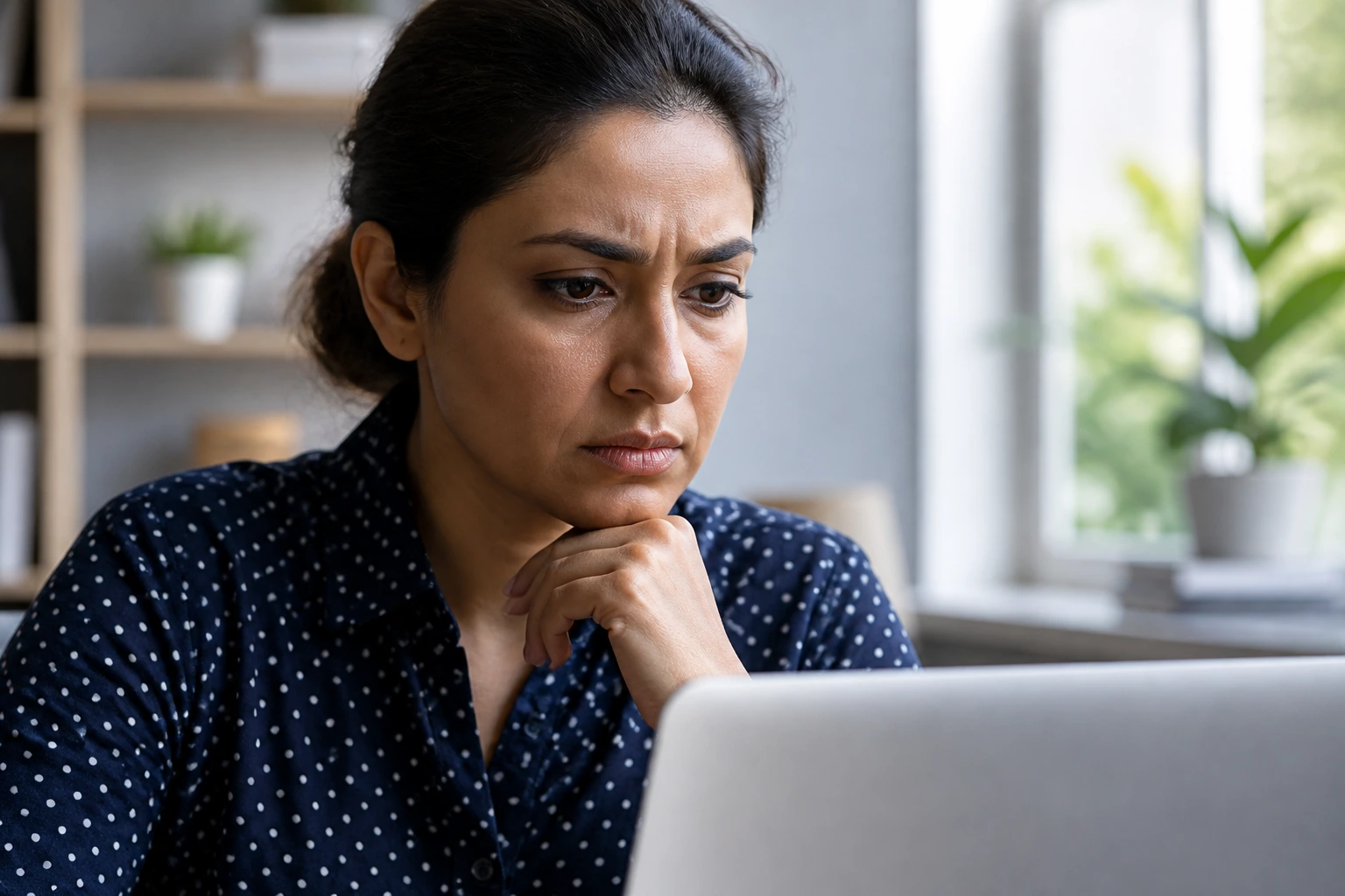 Close-up of a wary professional evaluating a recruitment offer to avoid scams in the UK NHS job market