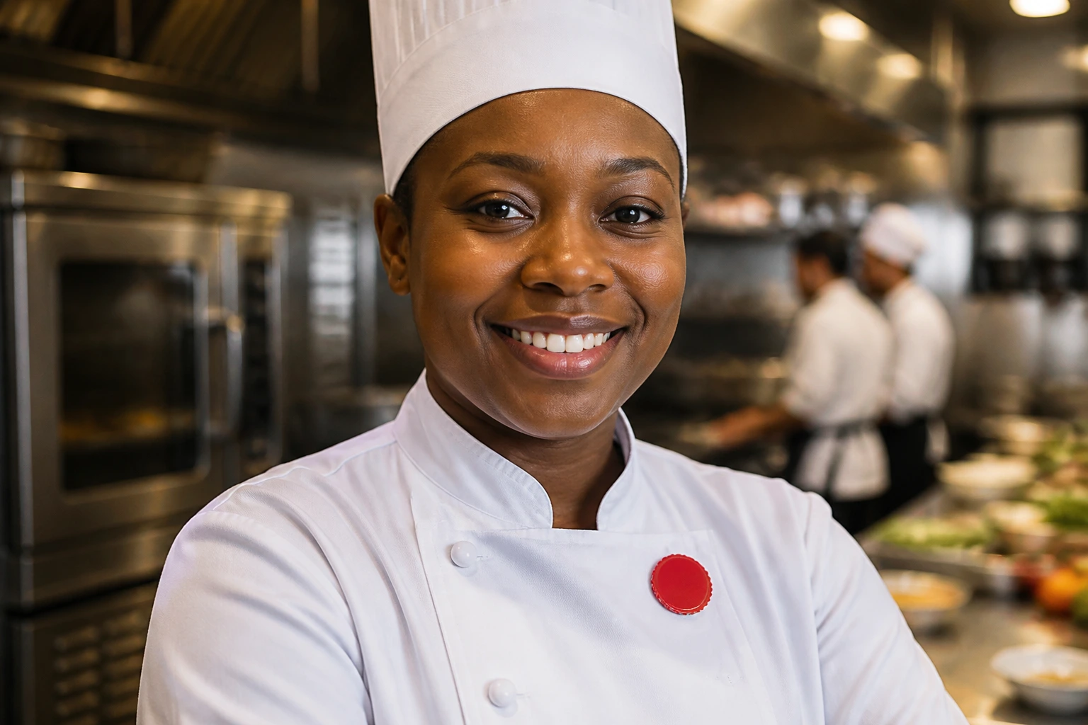 Close-up of a real chef in a busy kitchen wearing a red seal badge on the lapel, no text visible