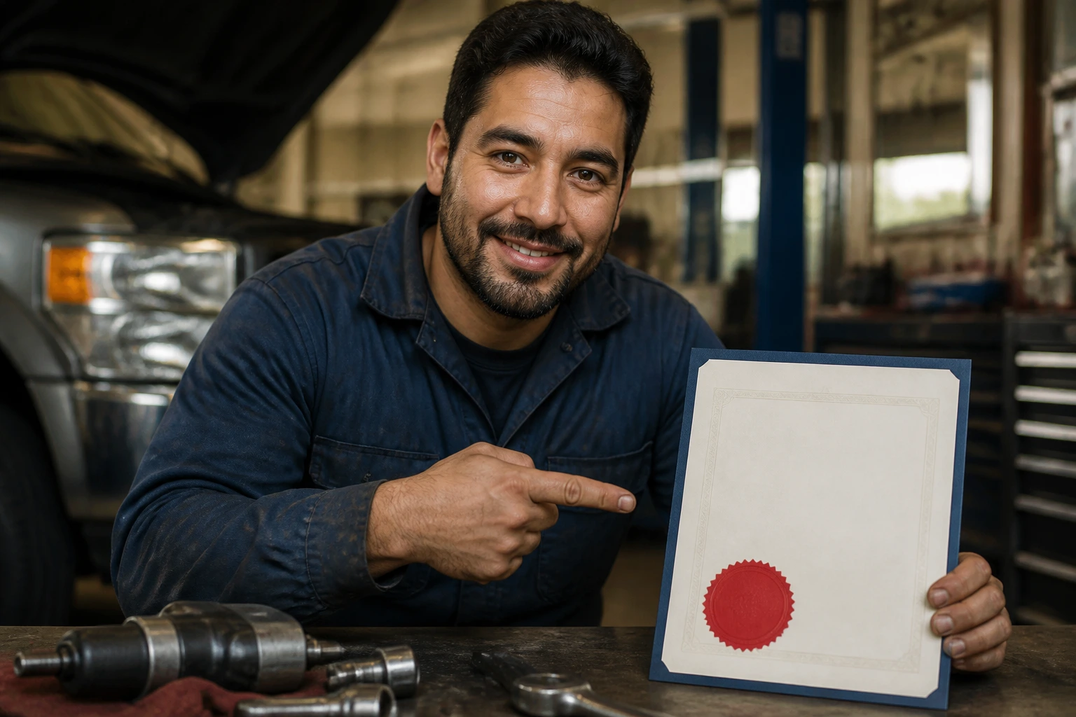 Mechanic studying in a workshop with certificate bearing a red seal visible