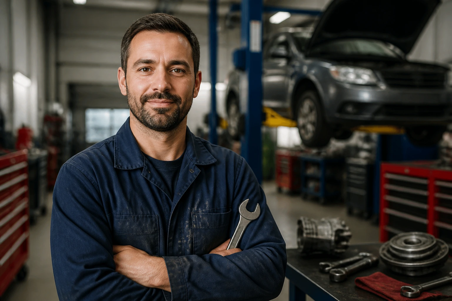 Portrait of a Canadian automotive technician in a busy shop