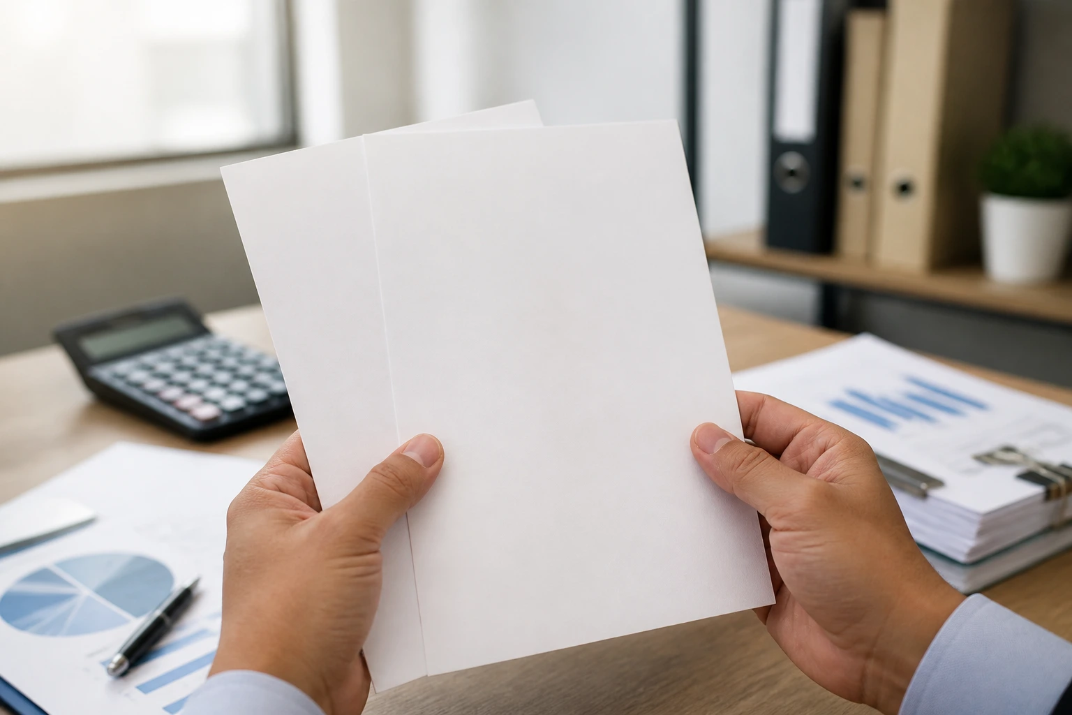 Close-up of blank documents held by hands, symbolizing refunds in the UK visa process