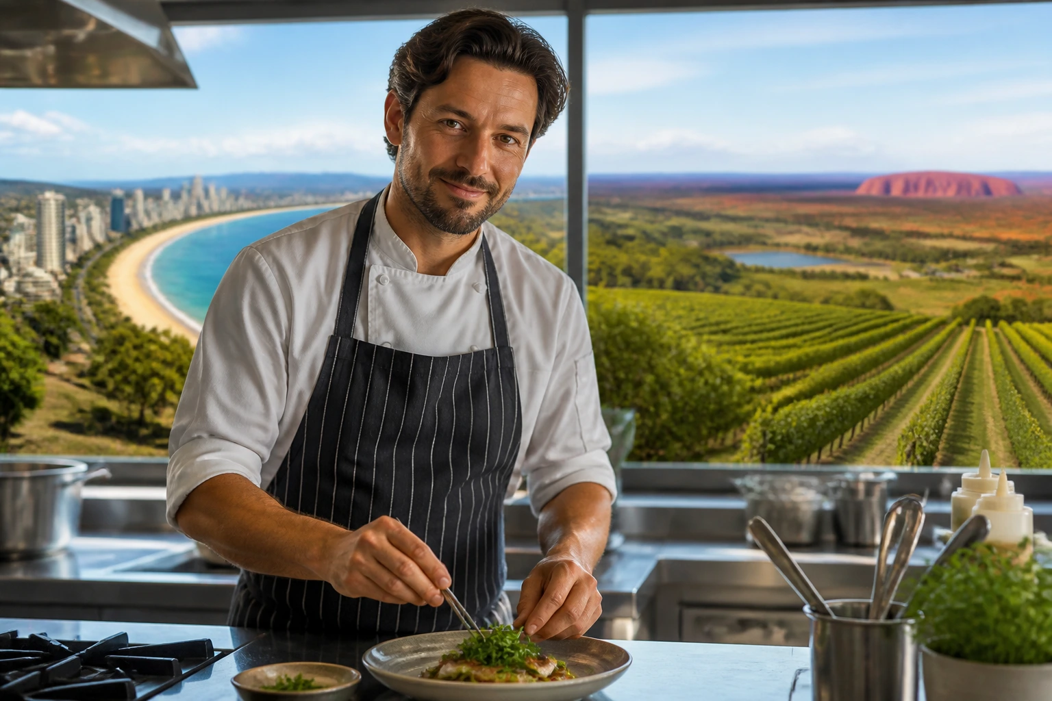 Chef in kitchen with window view of diverse Australian landscapes