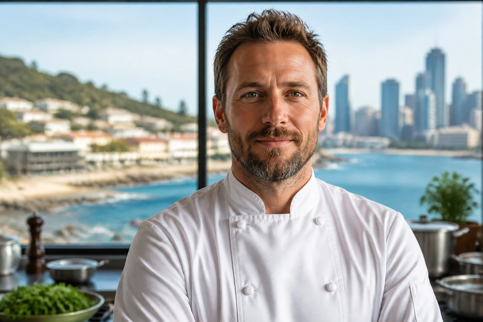 Chef portrait highlighting regional vs metropolitan opportunities in Australia with window views