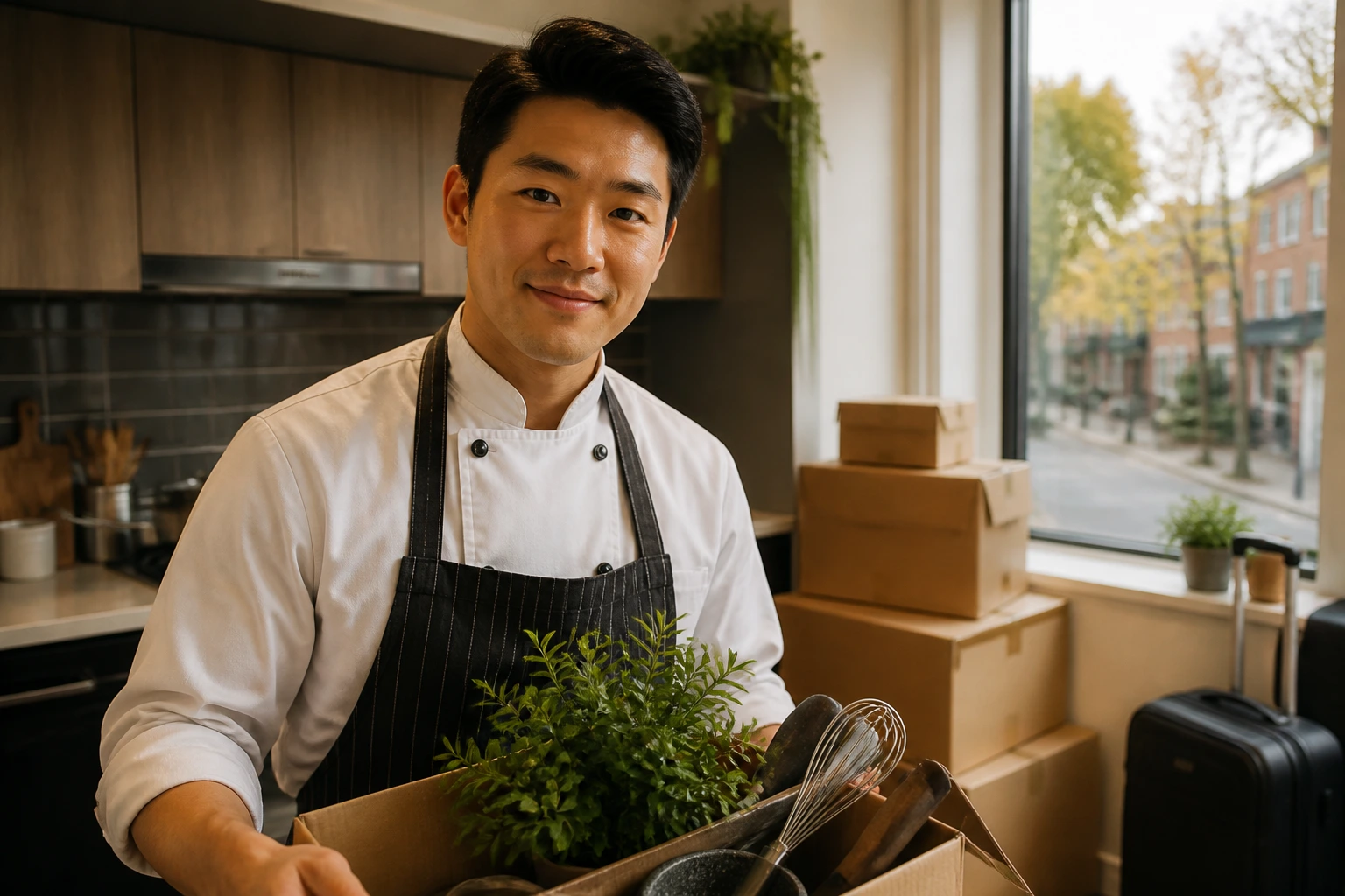 Chef planning relocation logistics in a homelike kitchen setting