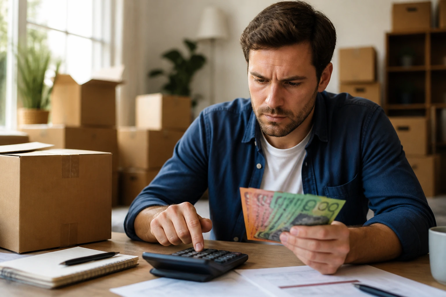 Close-up of professional budgeting with moving boxes in background