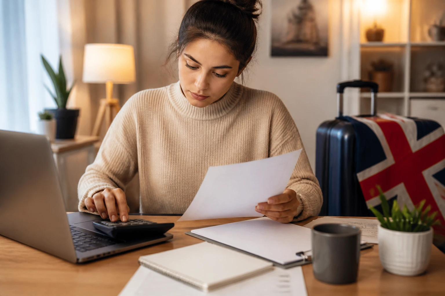 Person planning relocation costs at a desk with blank forms and laptop.