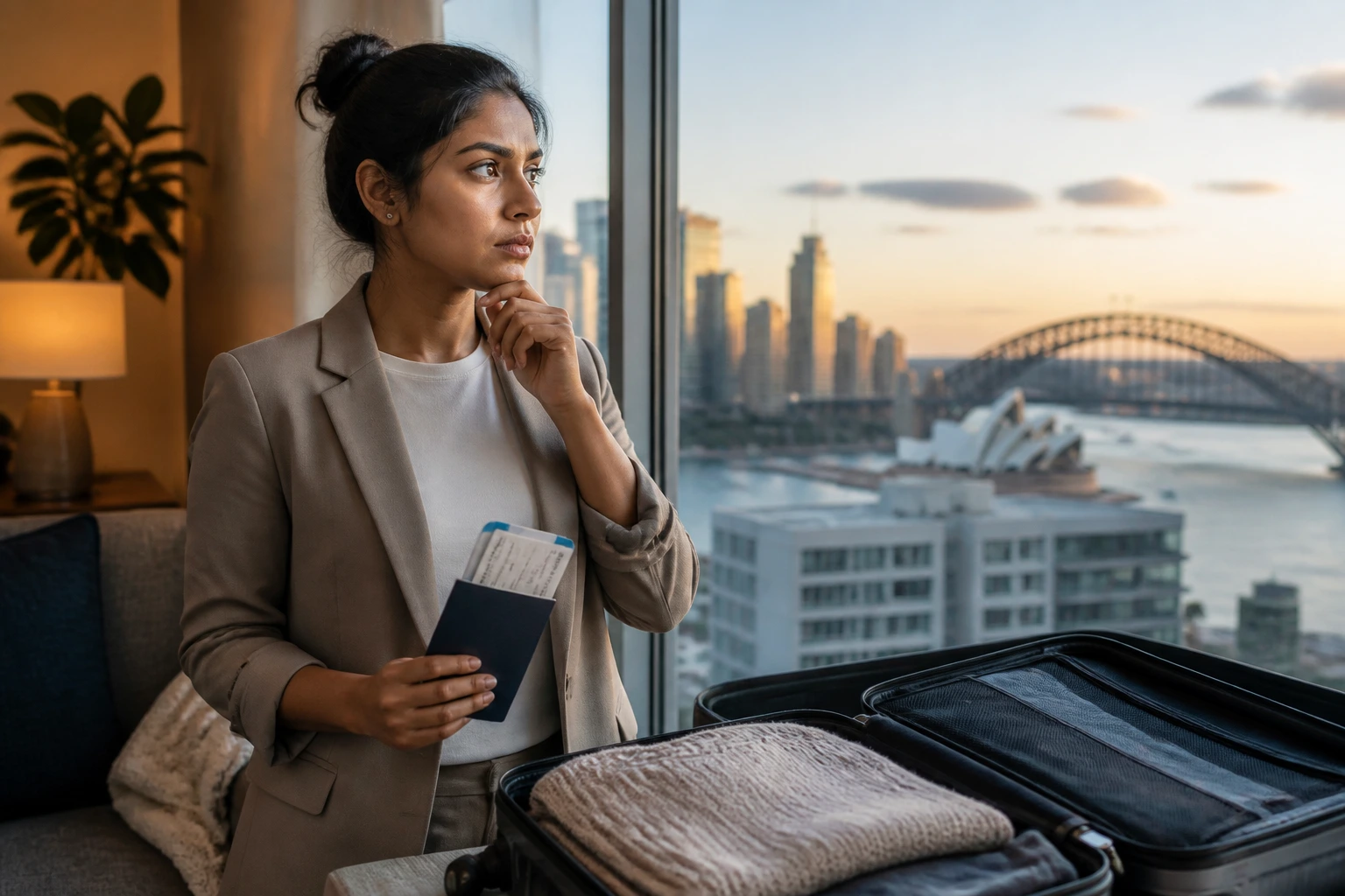 Person by an open suitcase in a city apartment representing relocation costs