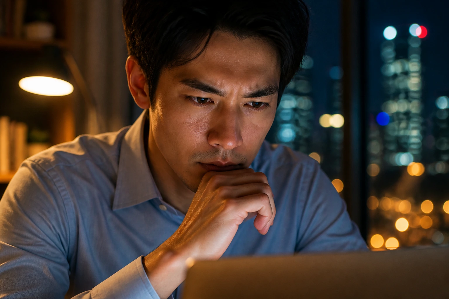 Close-up of determined professional working late at desk