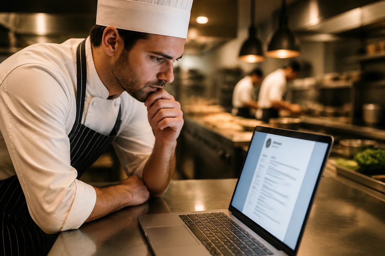 Chef at laptop with blurred resume on screen in a kitchen setting