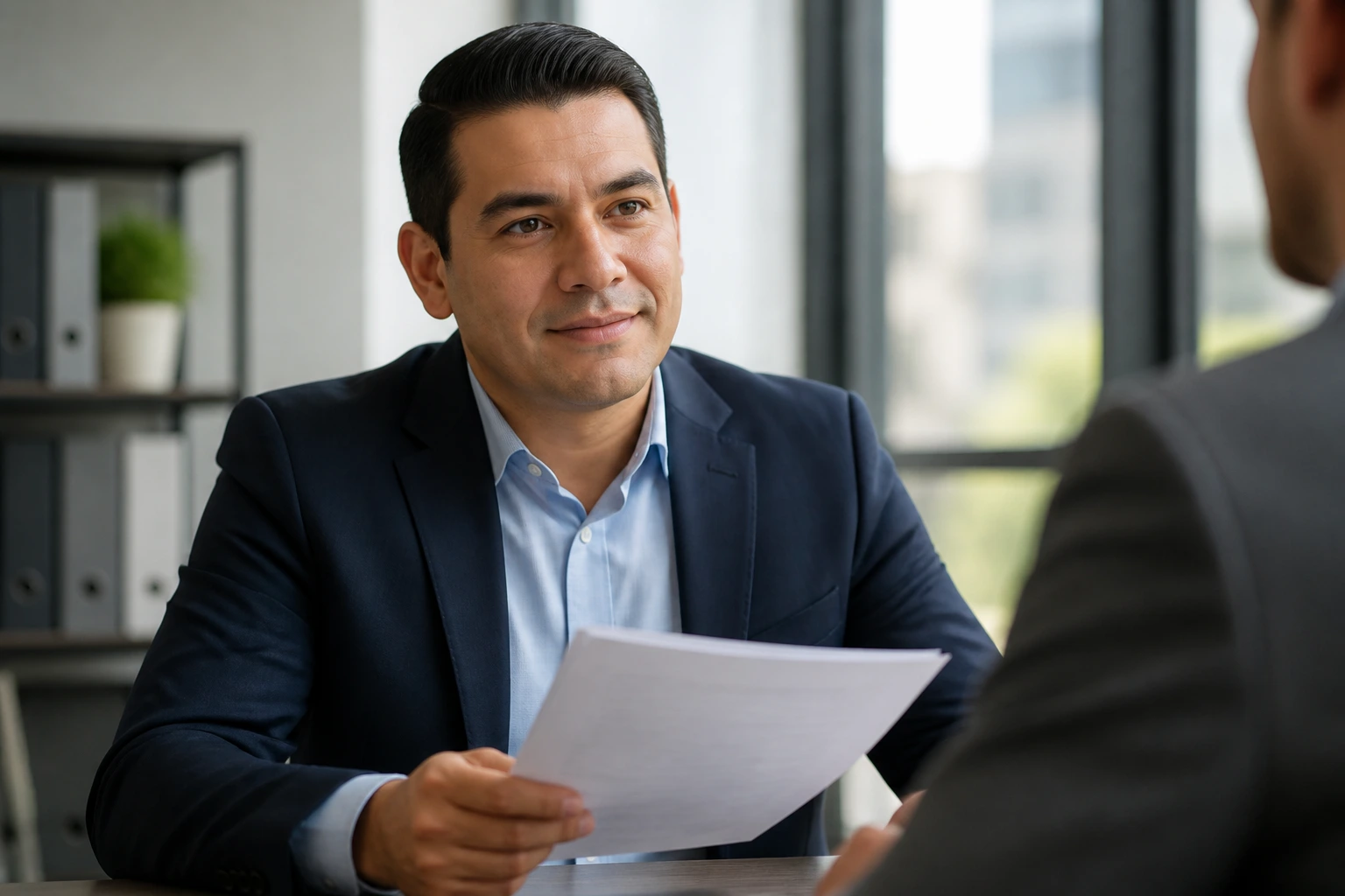 Professional applicant holding a resume with blurred text in an interview setting