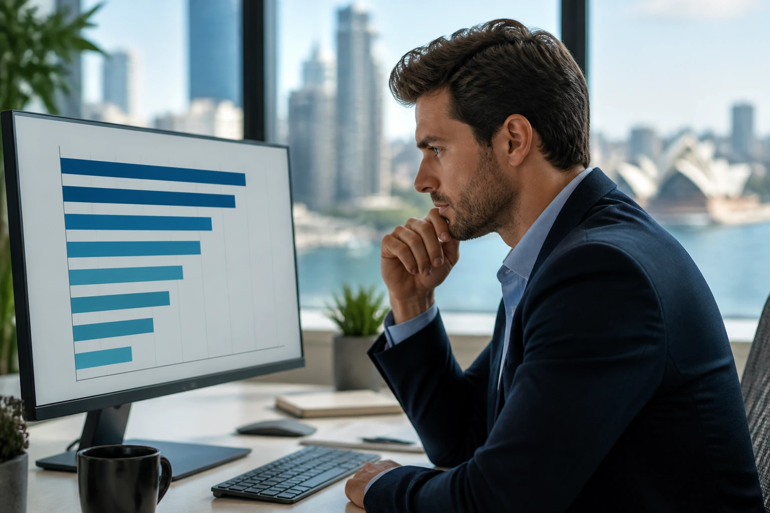 Professional with a digit-free bar chart on screen suggesting salary benchmarks