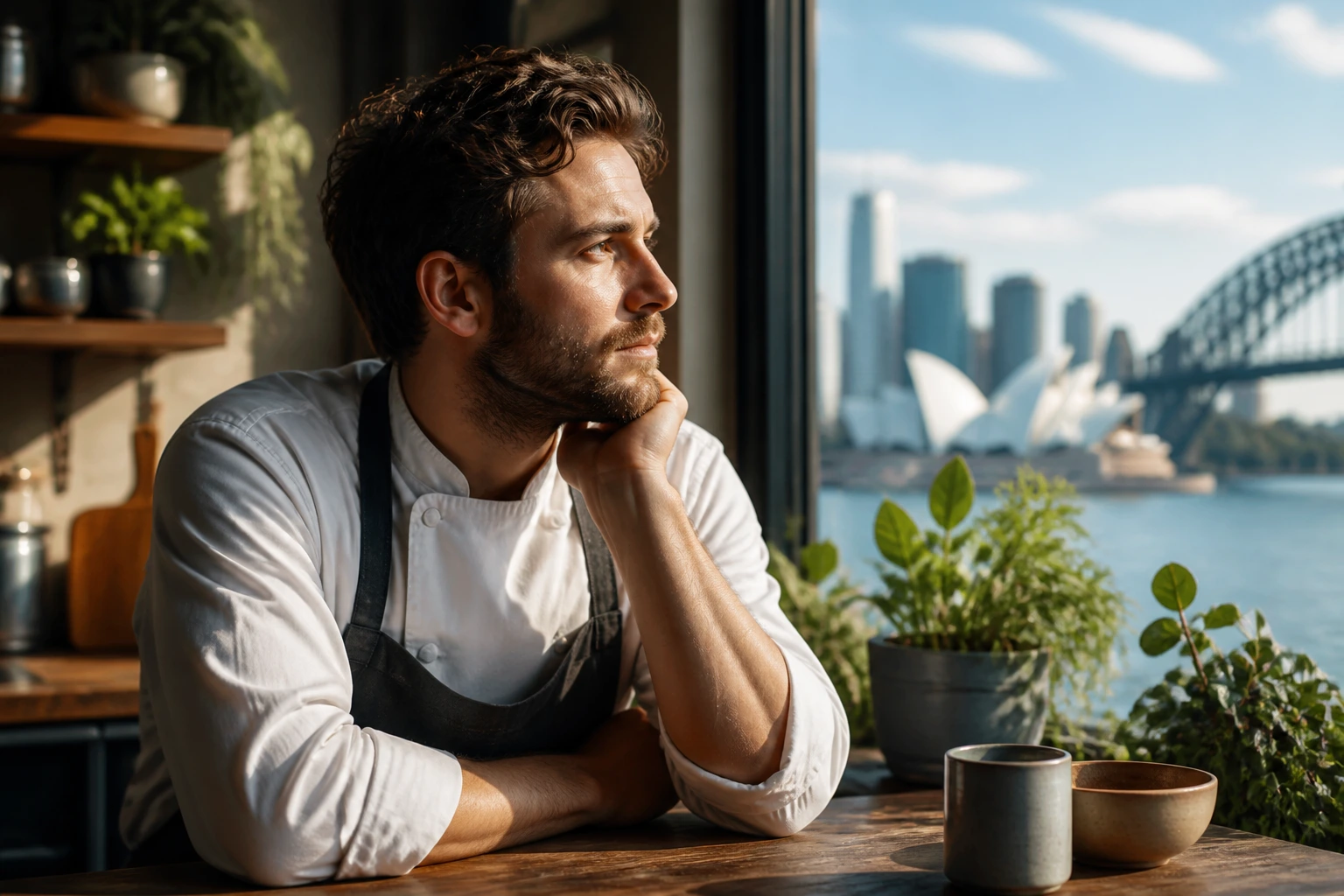 Chef contemplating cost of living in a city apartment