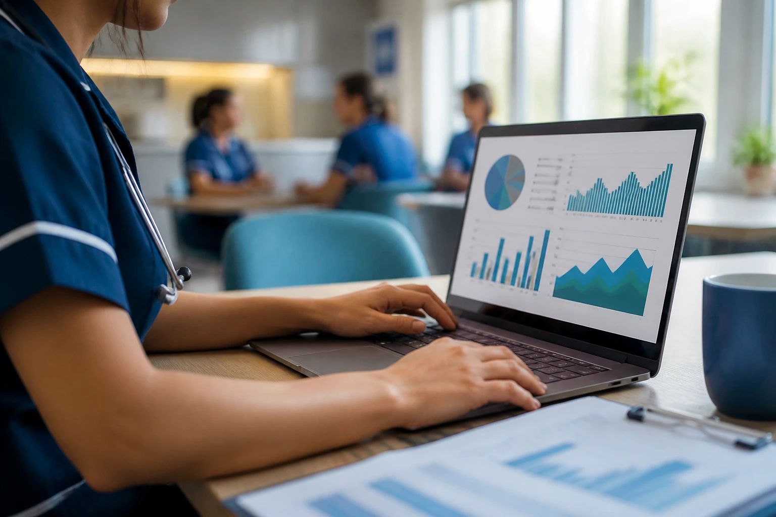 Close-up of a nurse's hands with a laptop displaying abstract financial charts (no numbers)