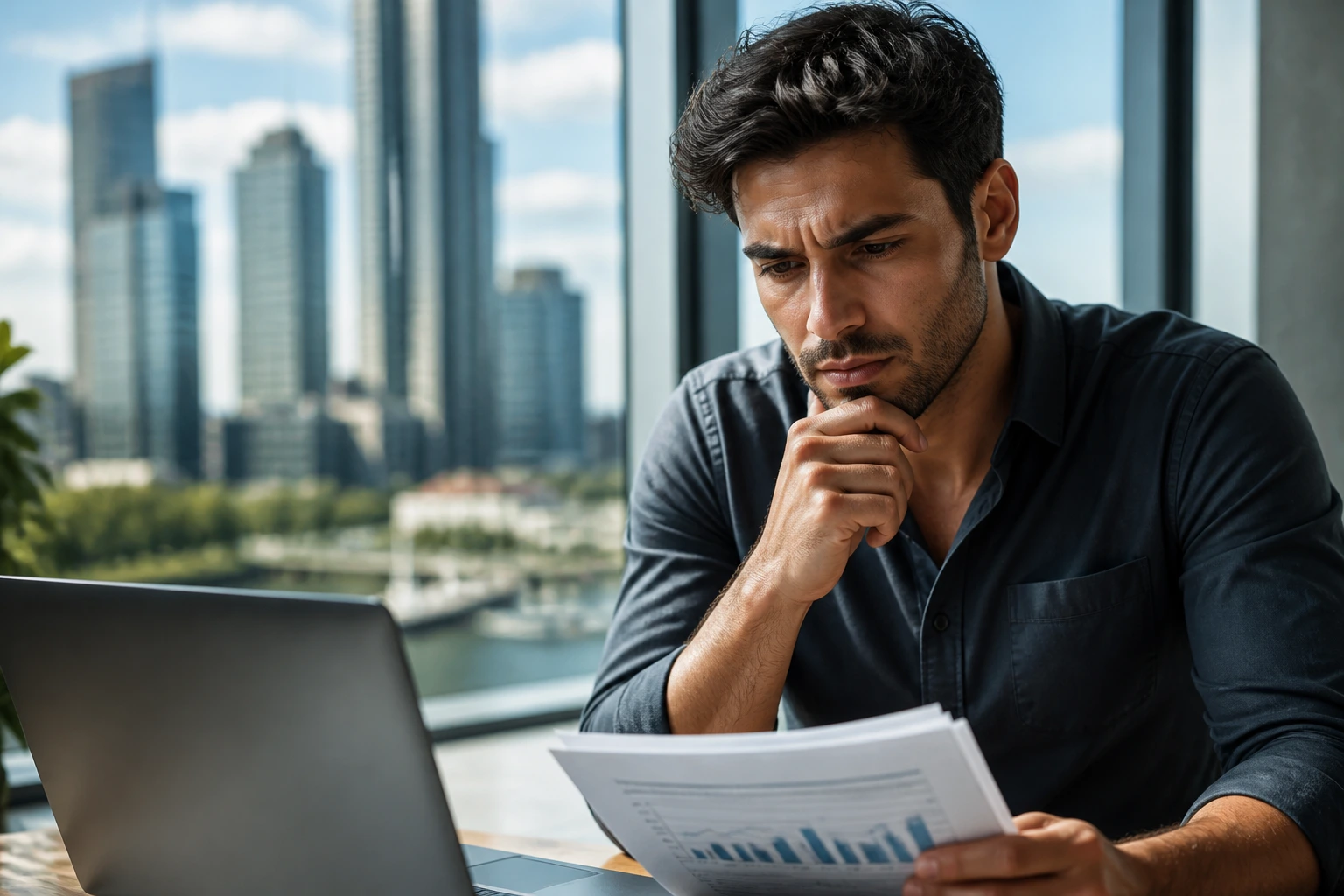 Portrait of a professional in a city apartment contemplating the AU$100,000 threshold with skyline backdrop