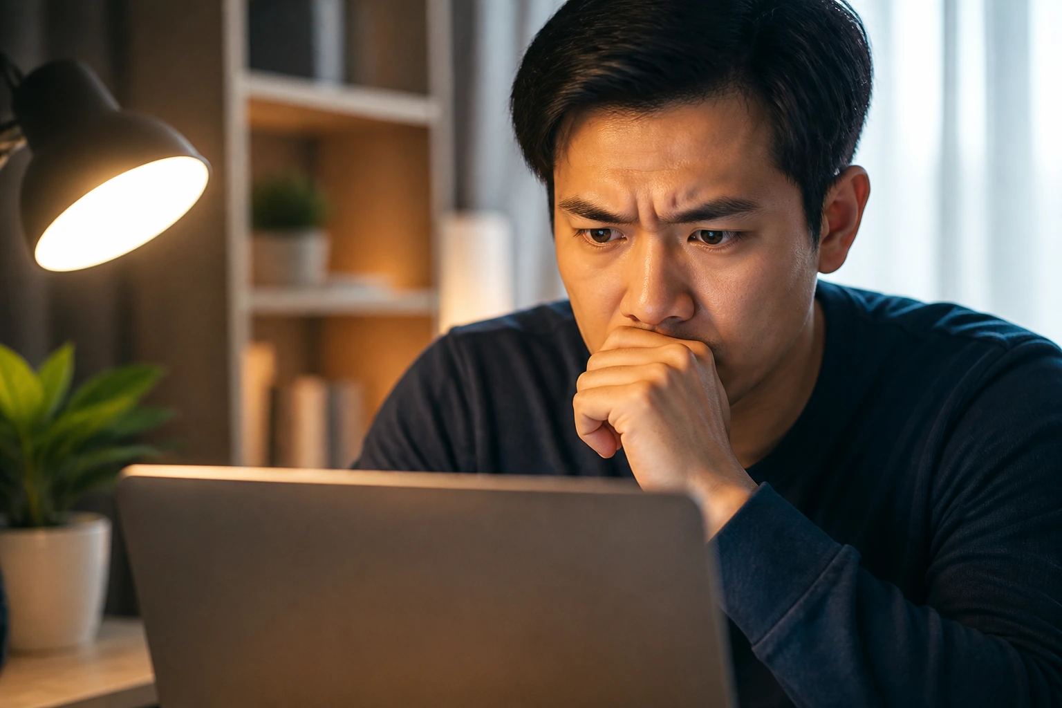 Close-up of wary job applicant at laptop in home office during scam awareness