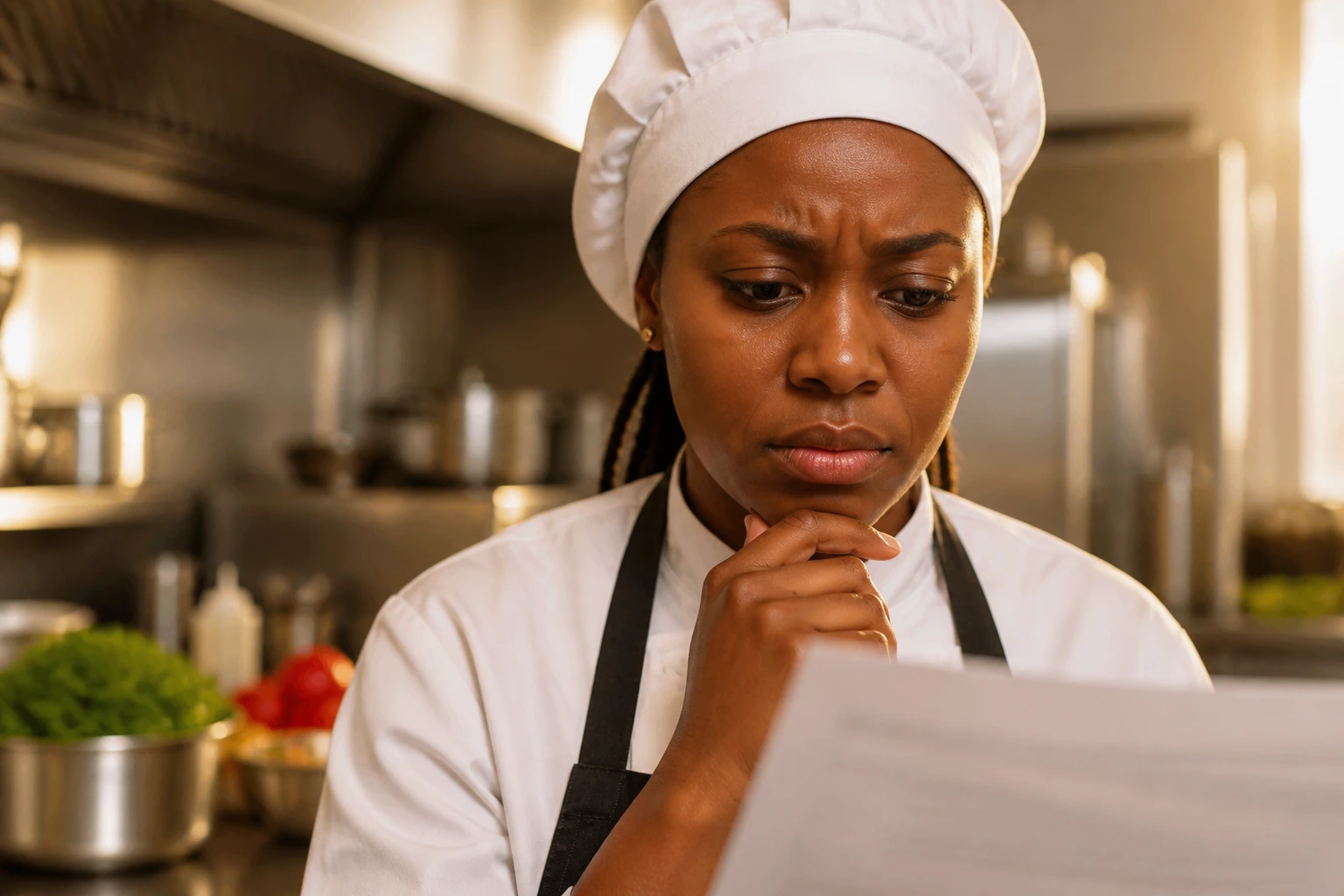 Close-up of a real cook in a kitchen with a cautious, calm expression