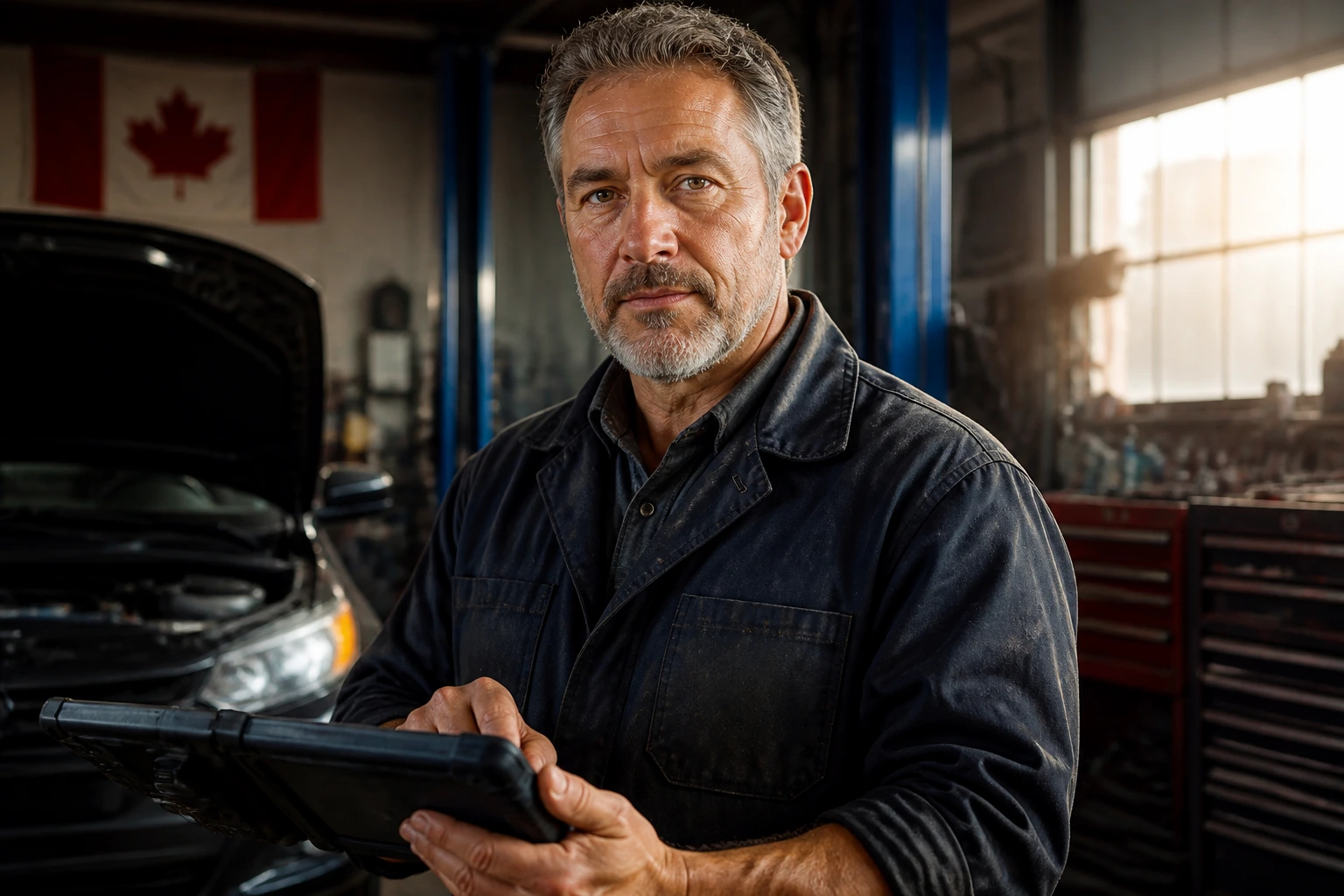 Close-up portrait of a seasoned automotive technician in a Canadian repair shop