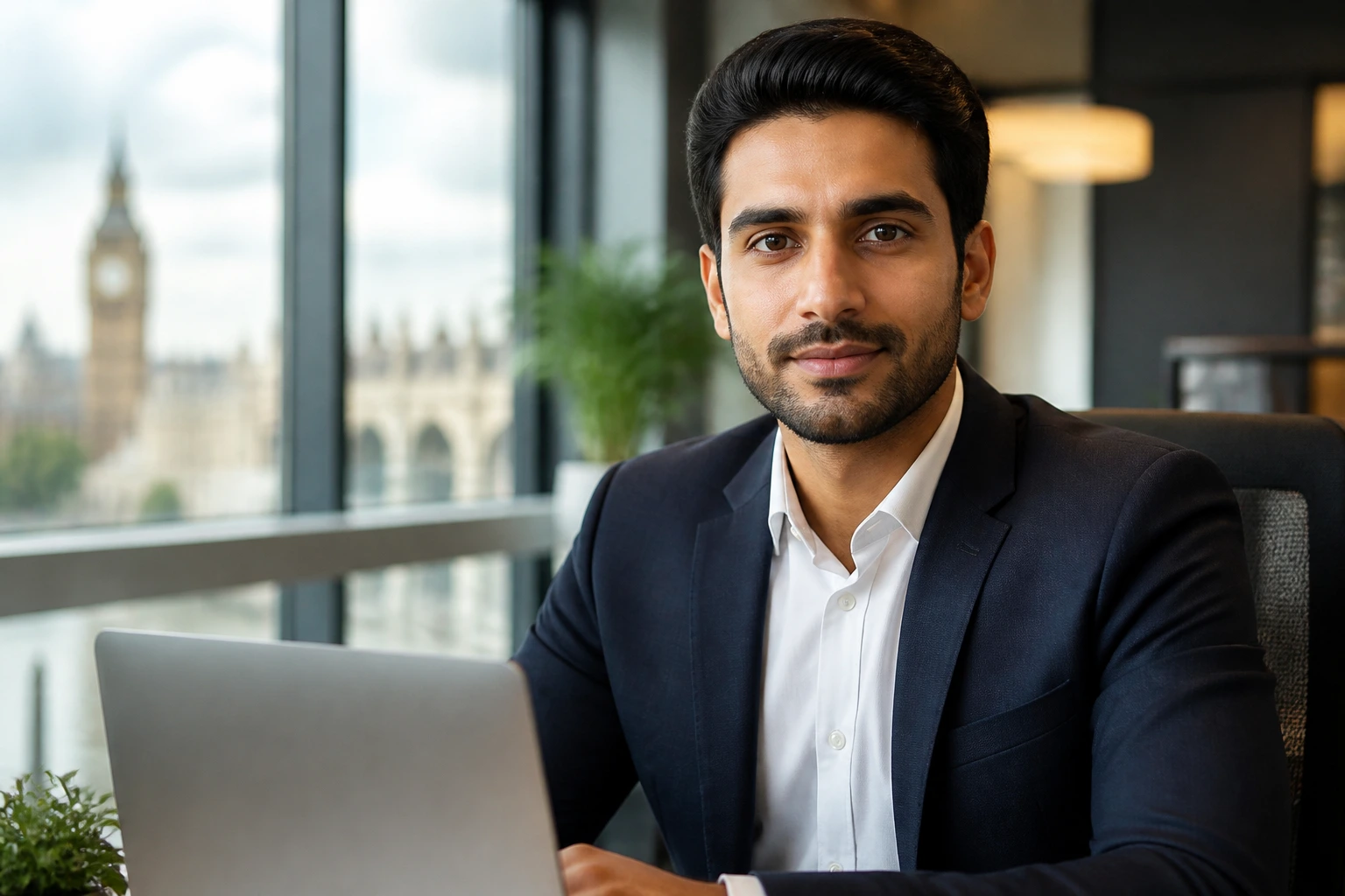 Close-up portrait of a professional in a UK office representing Skilled Worker Visa