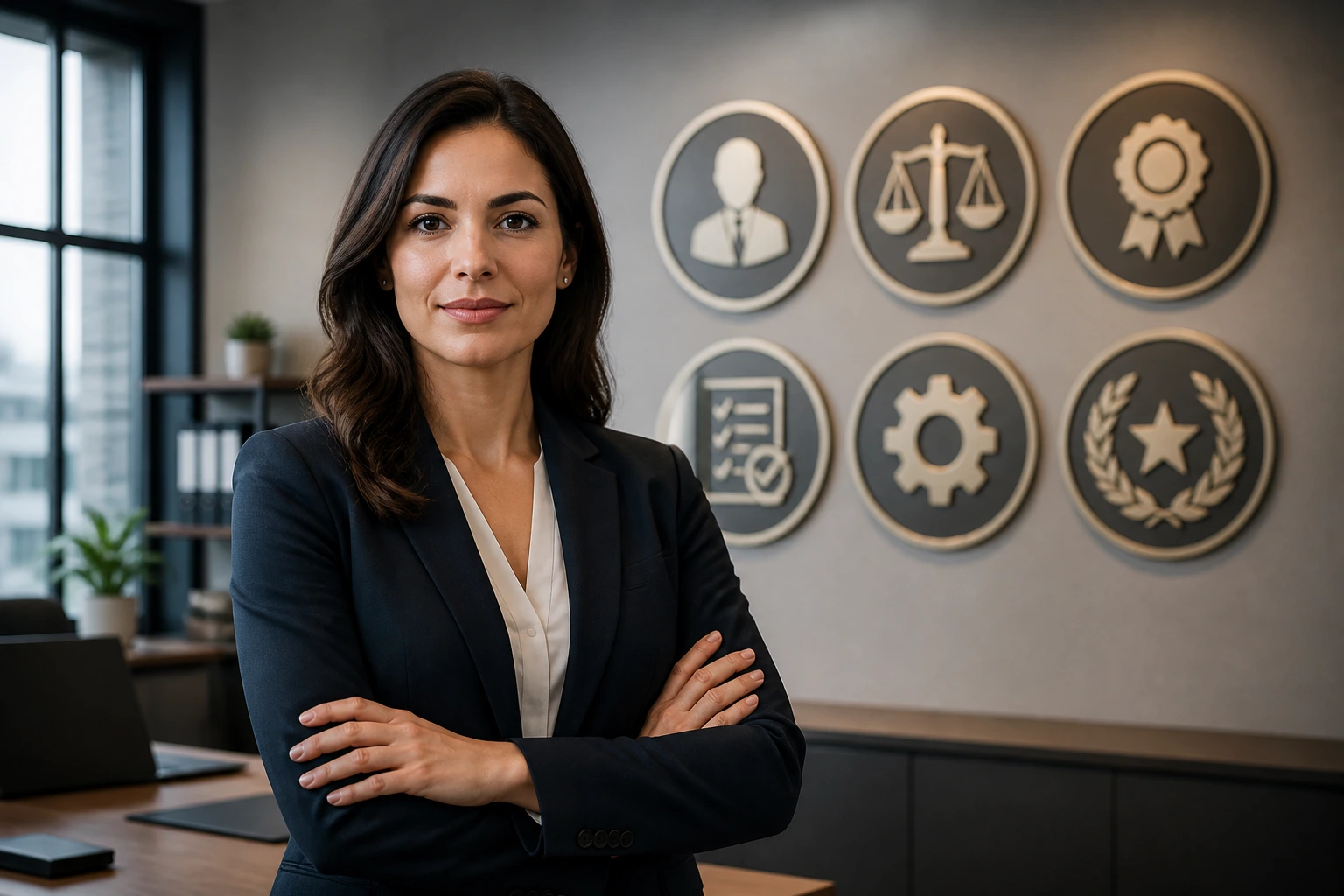 Professional in office with abstract certification symbols behind them