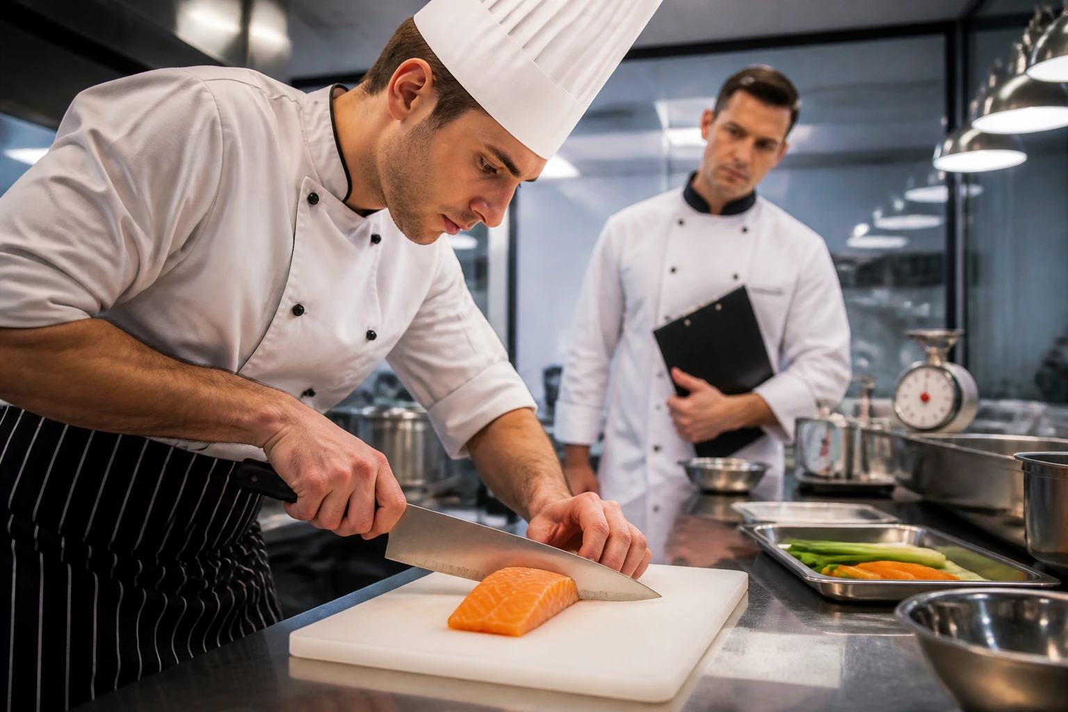Chef at a test station performing a knife task under supervision in a kitchen