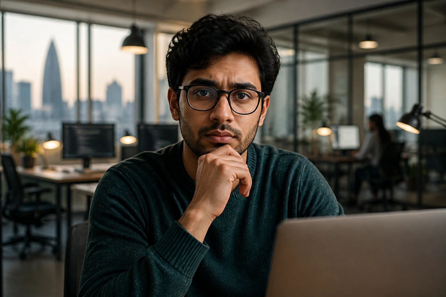 Close-up portrait of a software developer in a modern UK tech office reflecting sponsorship pros and cons