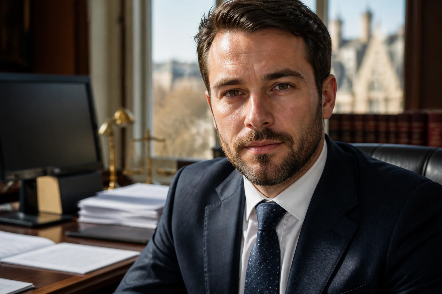 Close-up portrait of a solicitor in a law office, discussing cost and risk.