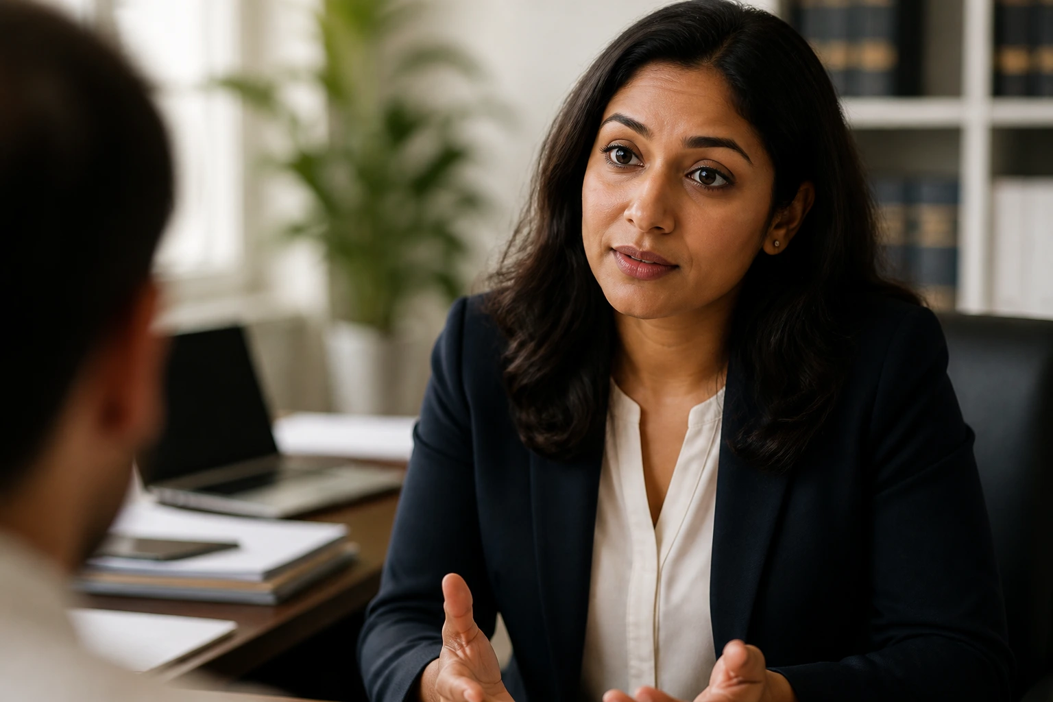 Close-up of a solicitor explaining costs in a bright modern office.