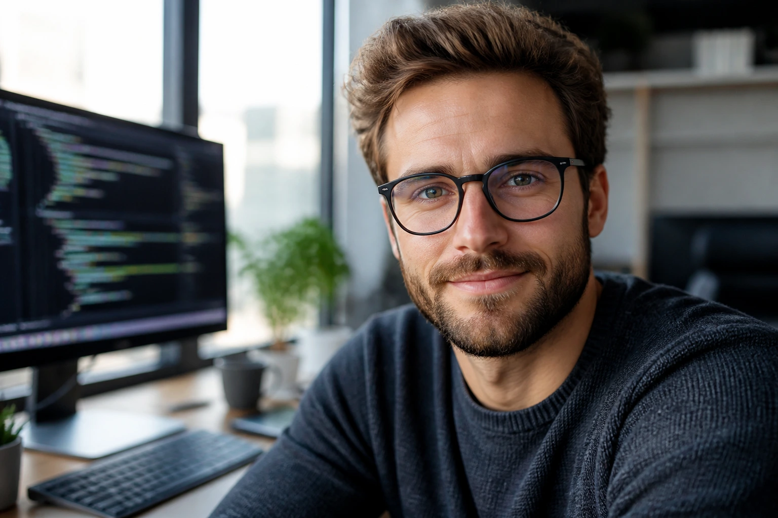 Portrait of a software engineer in an office representing a sponsored role
