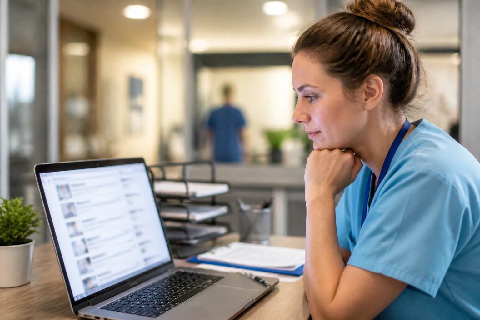 Portrait of a healthcare professional at a desk in a hospital recruitment setting, looking at a blurred screen with no text