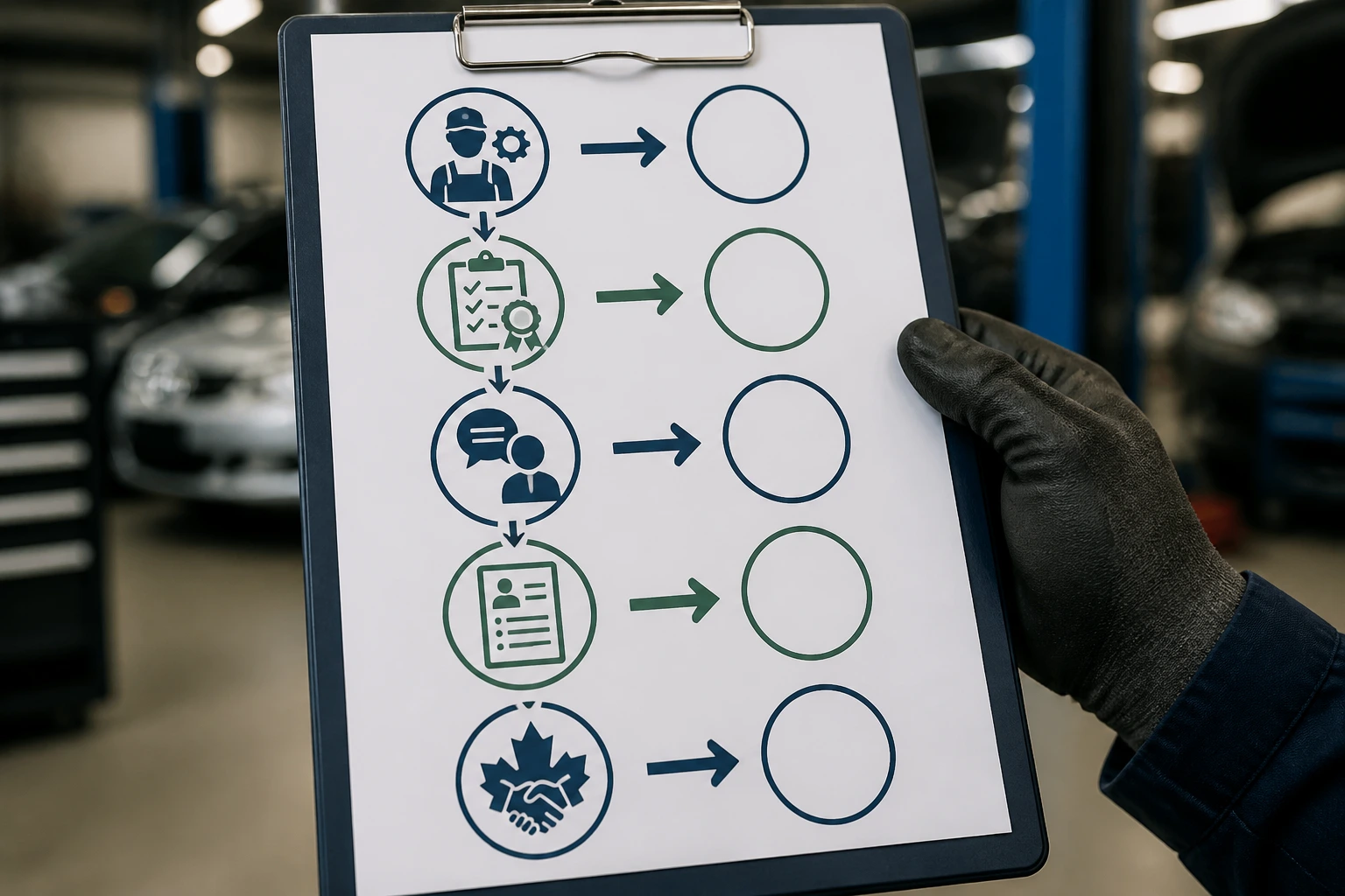 Sheet with icon-based steps on a clipboard in a garage