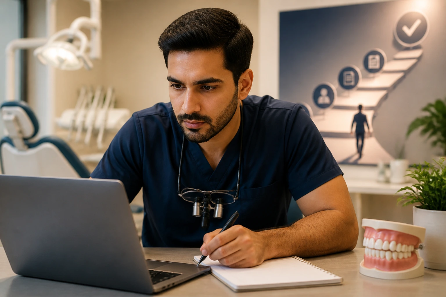 Dentist planning steps for sponsored UK role with laptop and notebook in a clinic