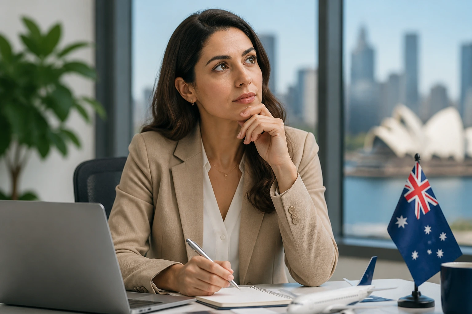 Professional in a bright office with city skyline representing sponsored work visa timeline