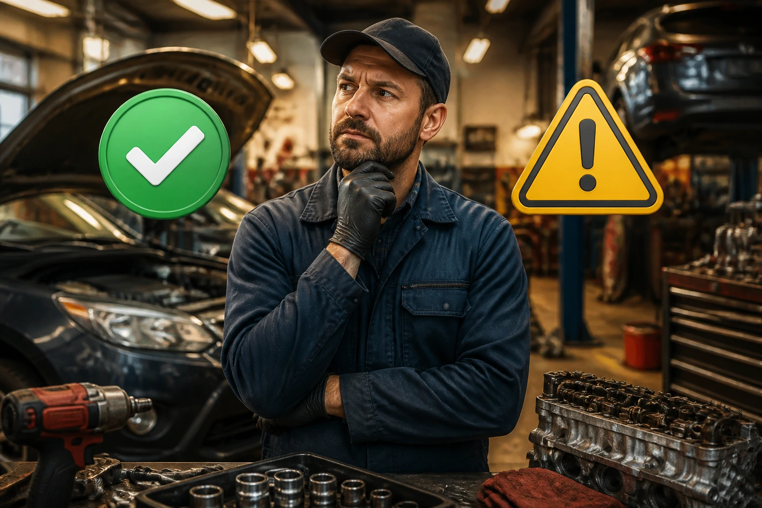 Mechanic in a garage with sponsorship pros and cons icons illustrating the decision