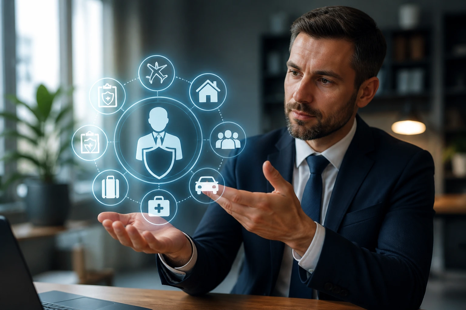 Professional in office discussing sponsorship costs with abstract icons on a screen