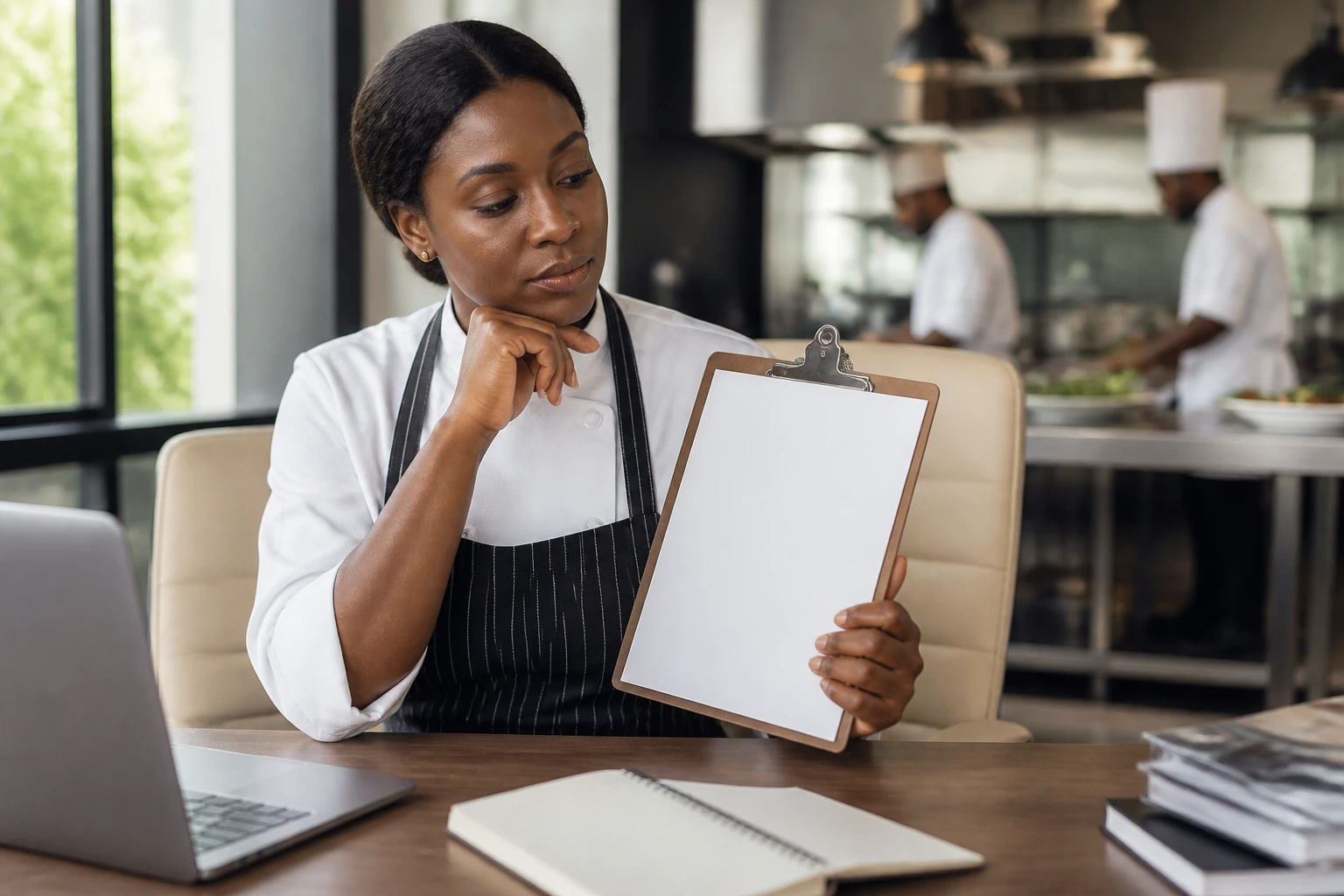 Professional evaluating blank form on clipboard in kitchen-adjacent office