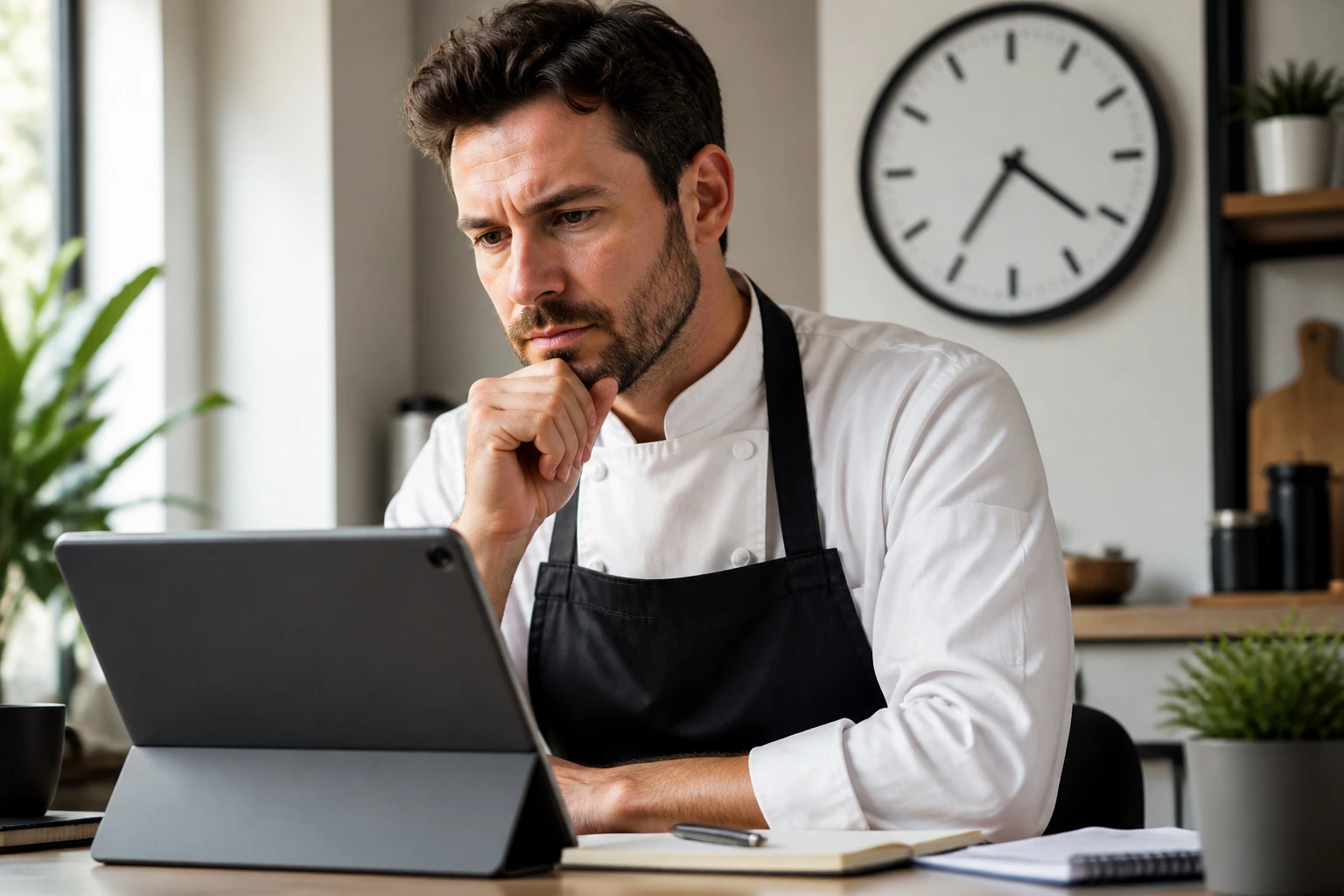 Chef planning sponsorship timeline in kitchen-office space