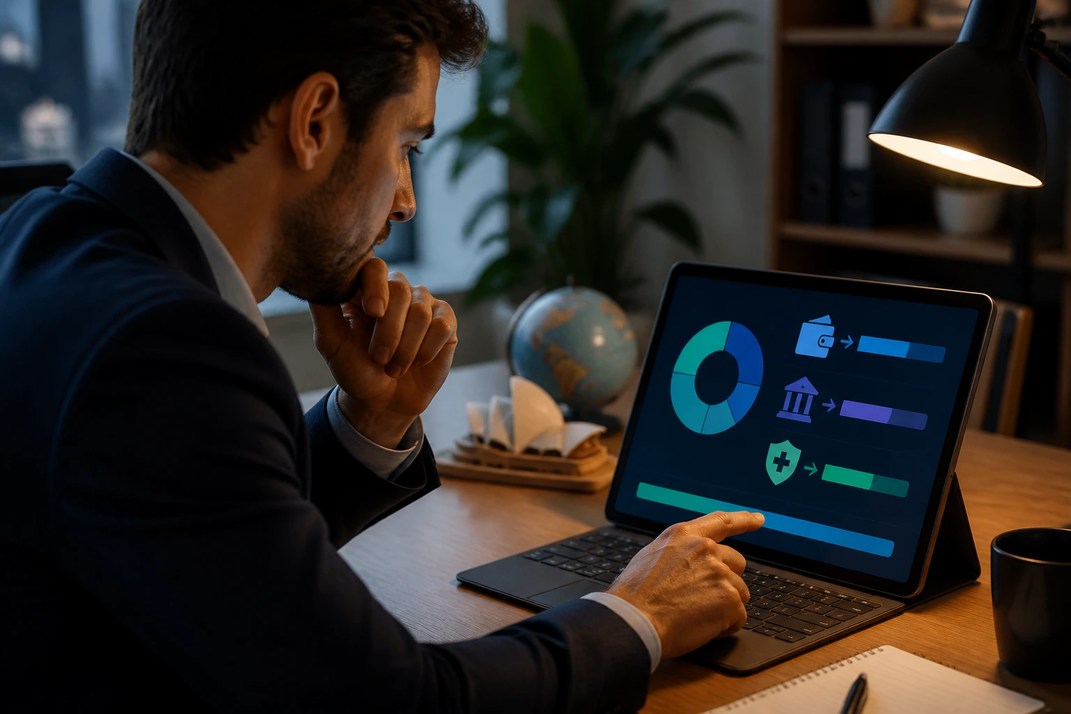 Portrait examining a pay dashboard with tax and superannuation icons in a modern office