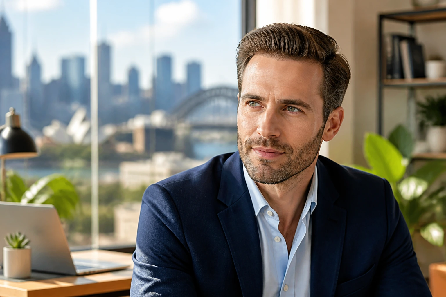 Portrait of a professional in a home office with city skyline illustrating tax impact on a six-figure salary