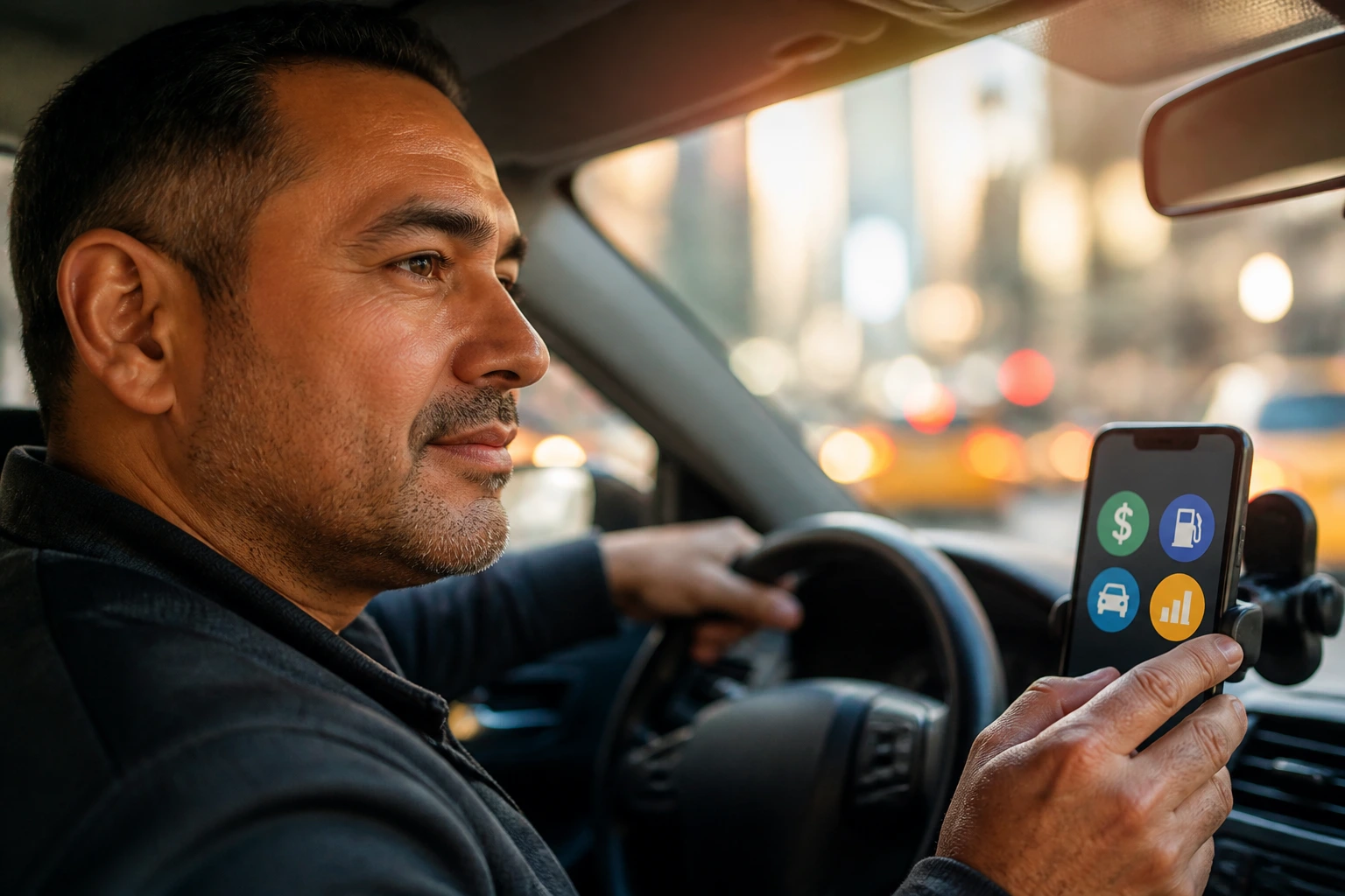 Taxi driver in cab using budgeting app icons on phone
