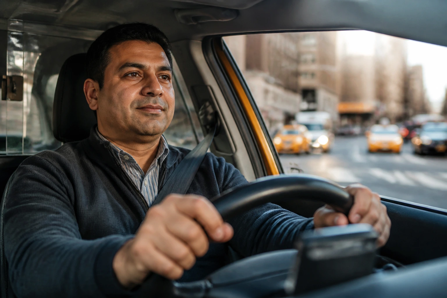 Close-up of a taxi driver behind the wheel in an urban driving scene