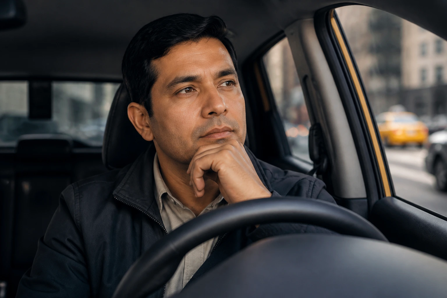 Portrait of a taxi driver in deep thought inside a car, symbolizing pros and cons of immigrant taxi work.