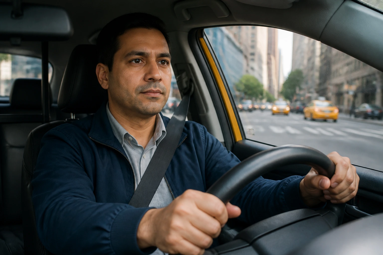 Taxi driver in cab with city street outside