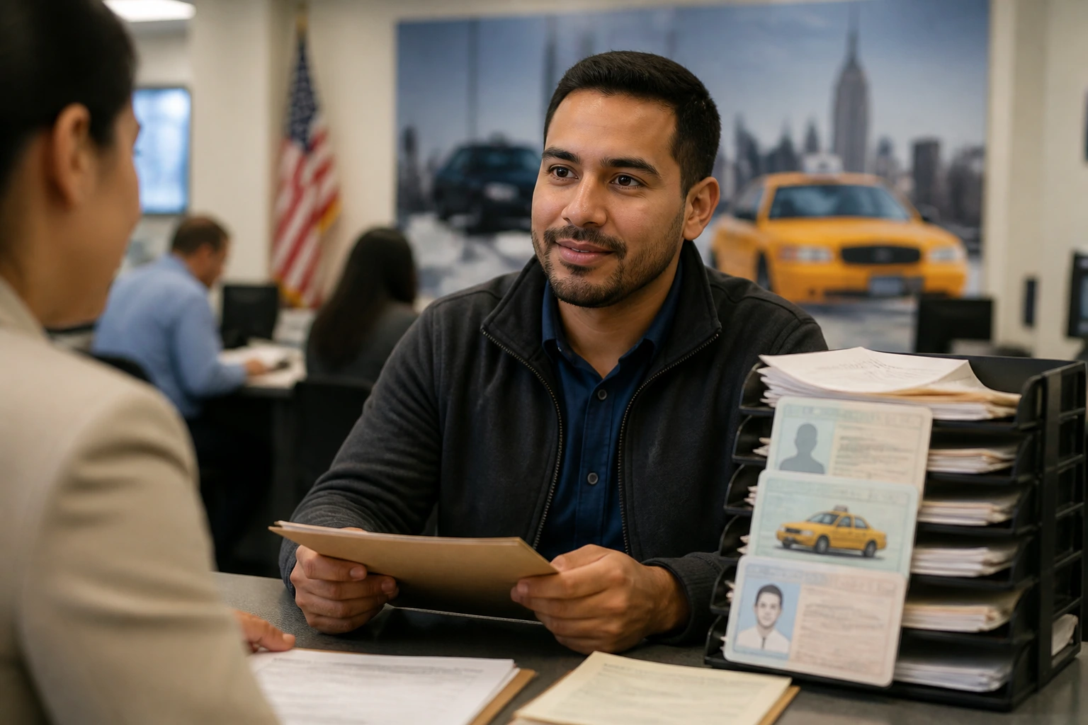 Taxi driver applicant in licensing office with blurred forms