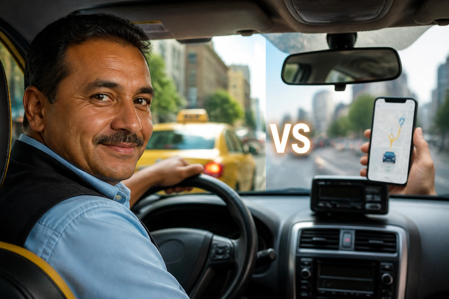 Taxi driver comparing traditional taxi work with ride-sharing