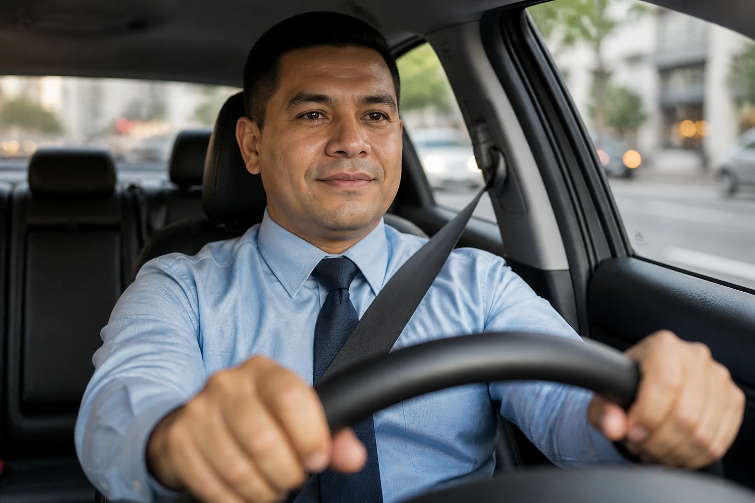 Close-up of a taxi driver in a clean car interior, safety-conscious and professional.
