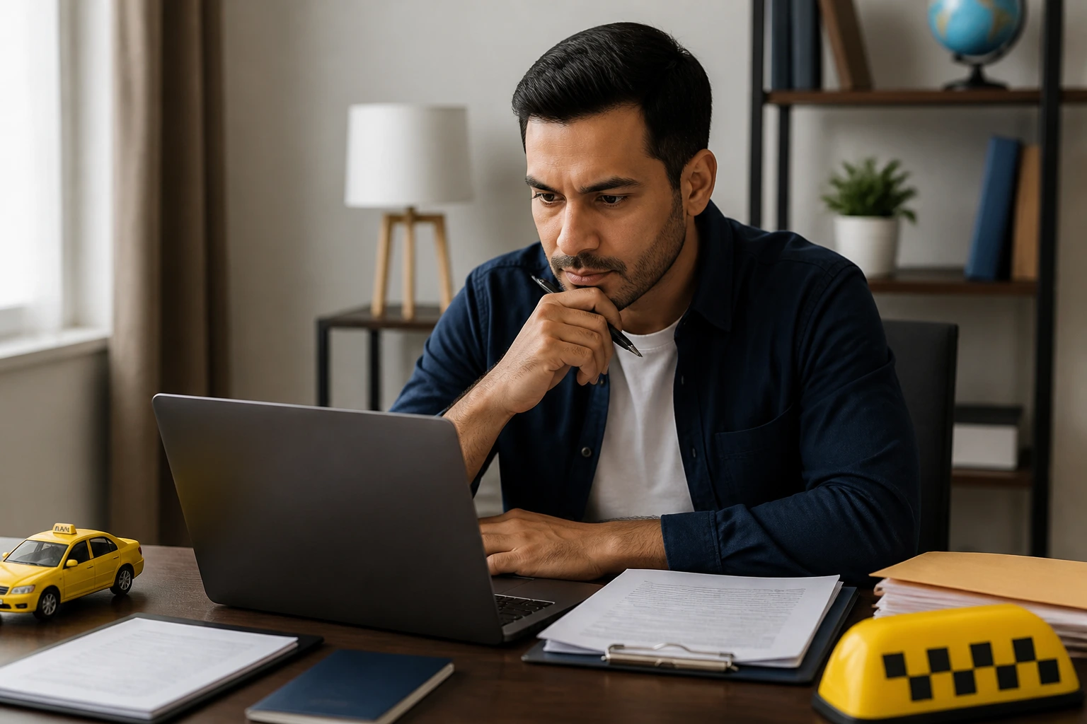 Person applying for taxi driver visa sponsorship on laptop