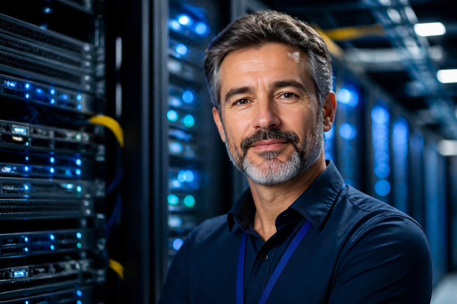 Portrait of a veteran engineer in a server room highlighting tech sponsorship opportunities