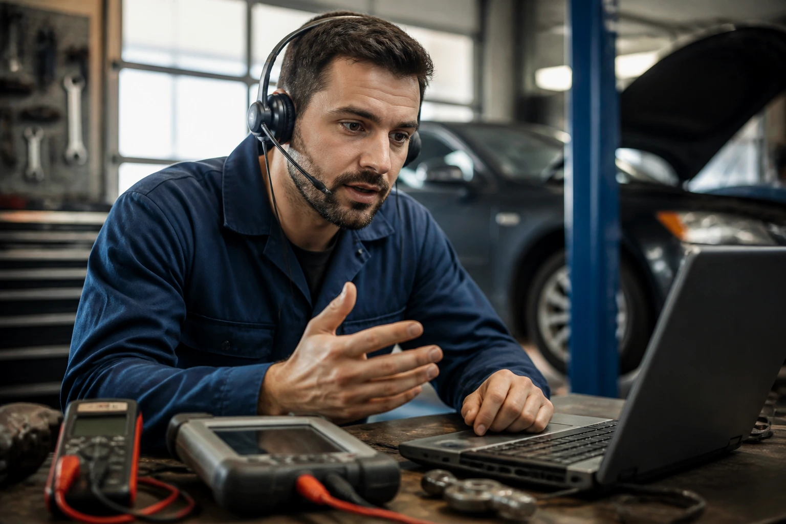 Mechanic in a garage wearing a headset, ready for a technical interview