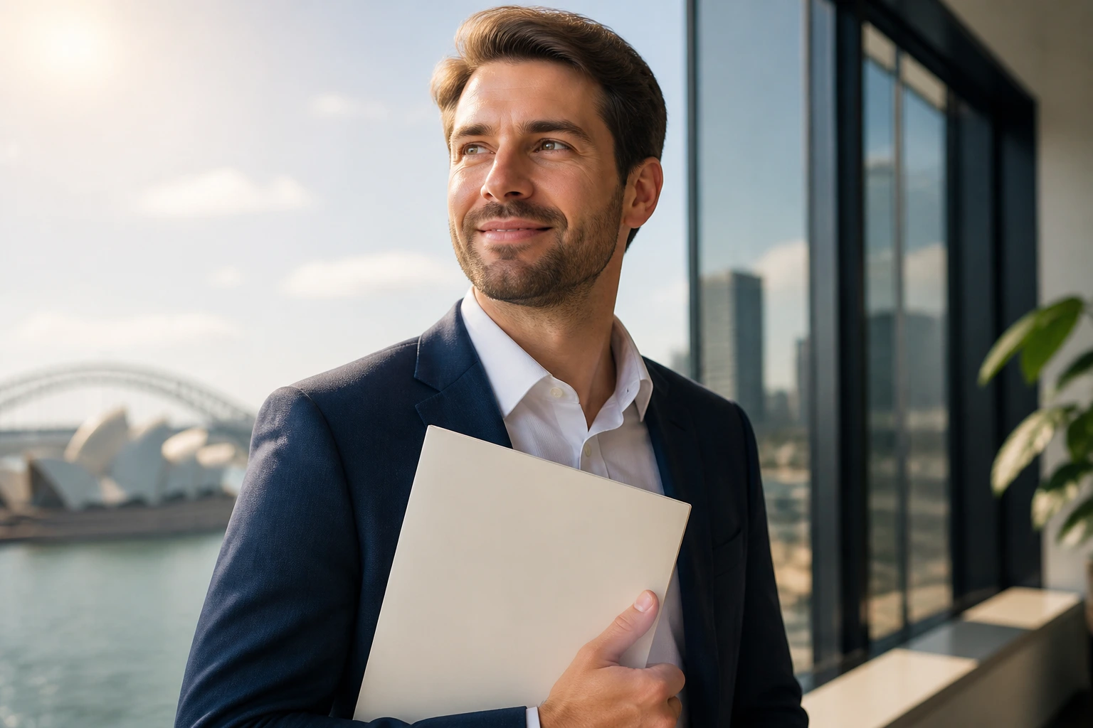 Medium close-up of hopeful professional with document in bright office